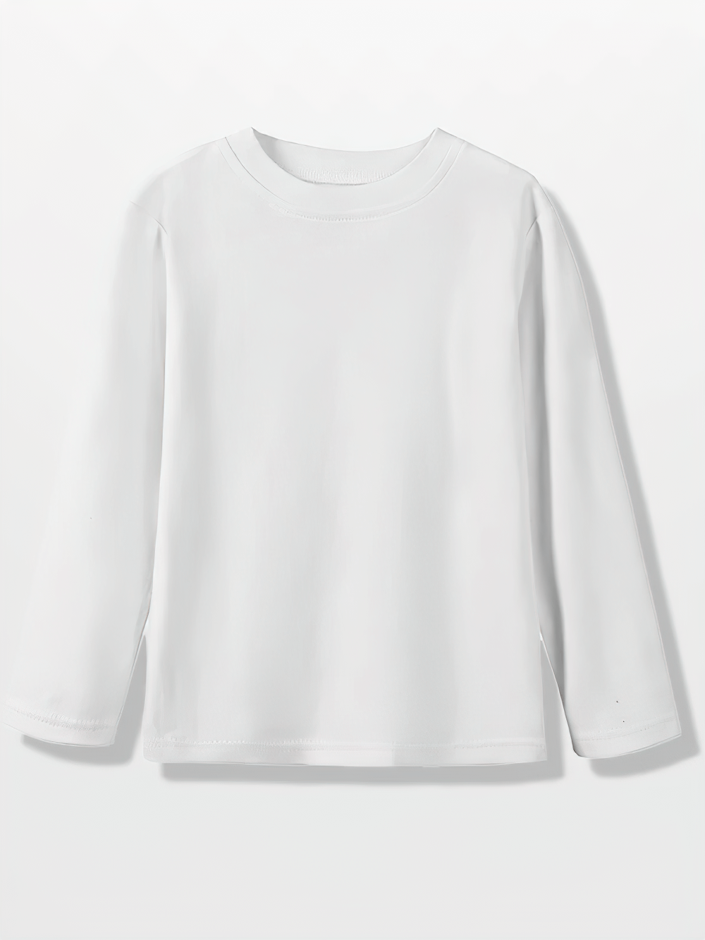 White solid color long-sleeved cotton top with round neckline, perfect for casual wear and versatile styling.